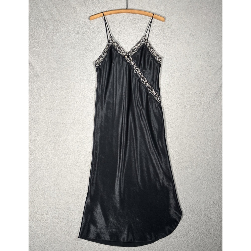 California Dynasty Vintage Black Satin Lace Trim Nightgown‎ Slip Dress Small USA